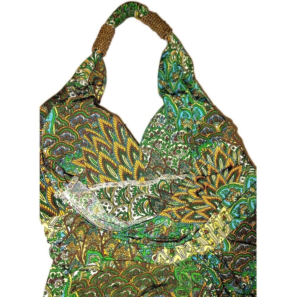 Cristinalove Peacock Paisley Halter Mini Dress Green Brown Boho Small - Picture 9 of 13